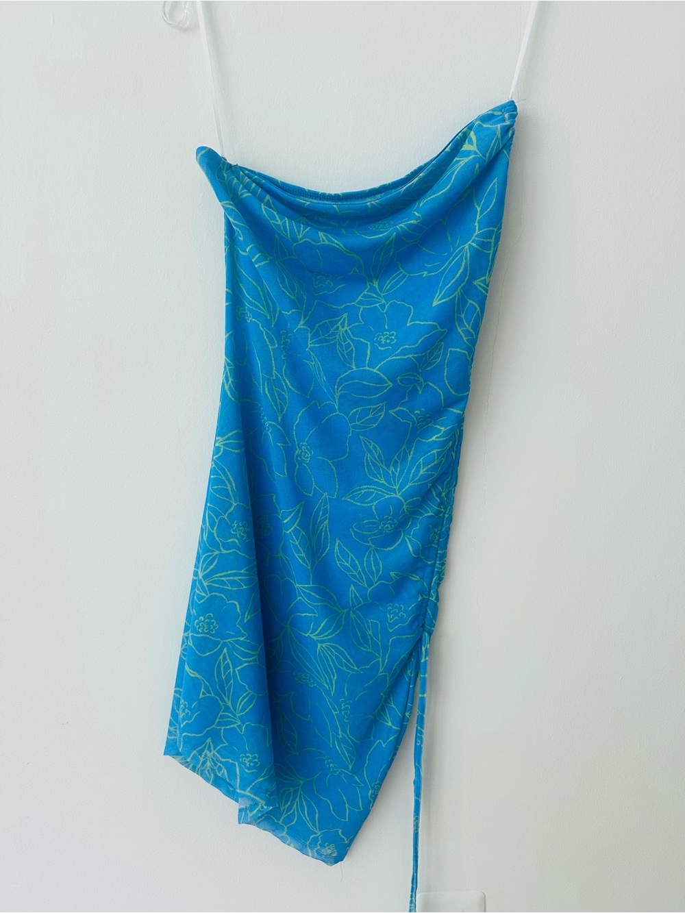 SHEIN Blue Strapless Floral Mesh Ruched Asymmetrical Midi Dress Size Medium